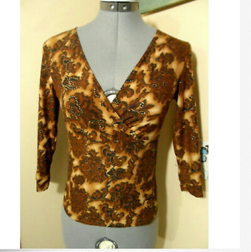 I.N. Gold trim Babydoll Top M Brown floral Empire